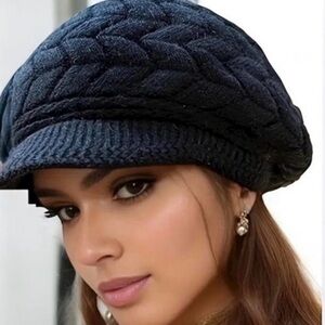 🔥🆕Black Knit beret Hat Fleece Lined